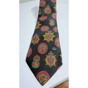 Vintage Gucci Silk Tie Black Military Crest Badge Print Jacquard Lining 1980s